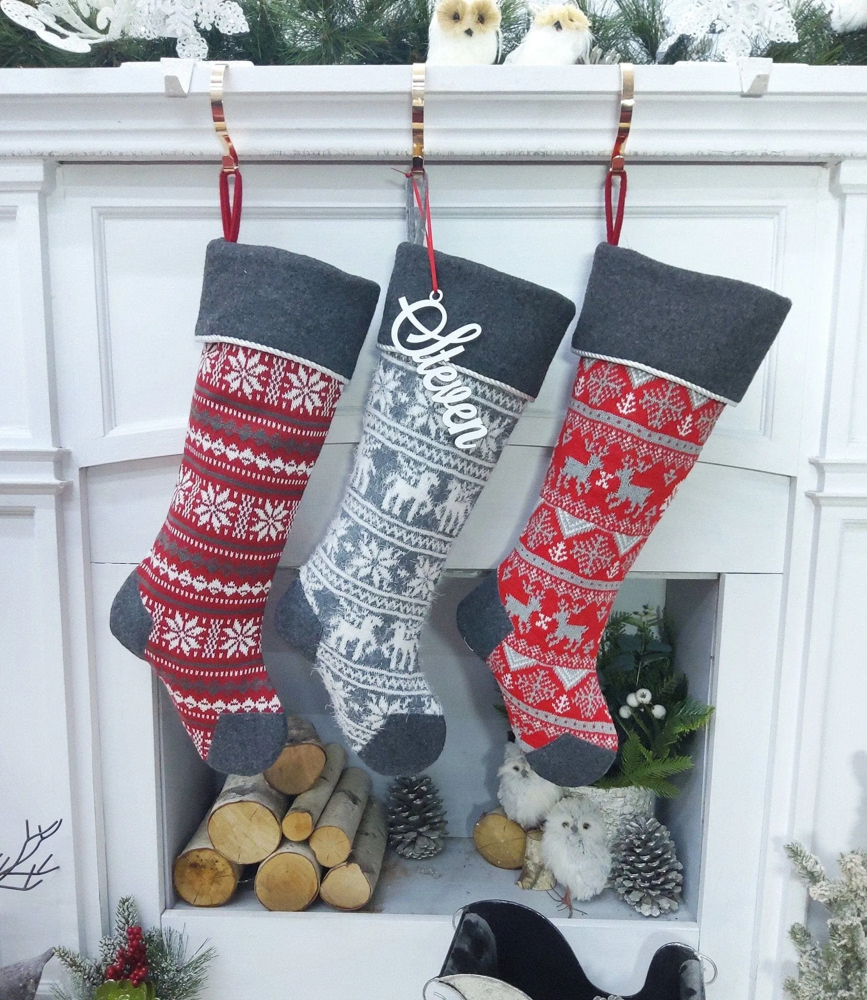 21 Inch Nordic Knit Stockings Personalized Embroidered or with Cutout Wood Name Tag Christmas Stockings Family