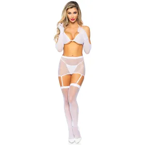 5 Pc Rhinestone Bikini Top G-String Garter  Skirt, Gloves and Stockings - One Size - White