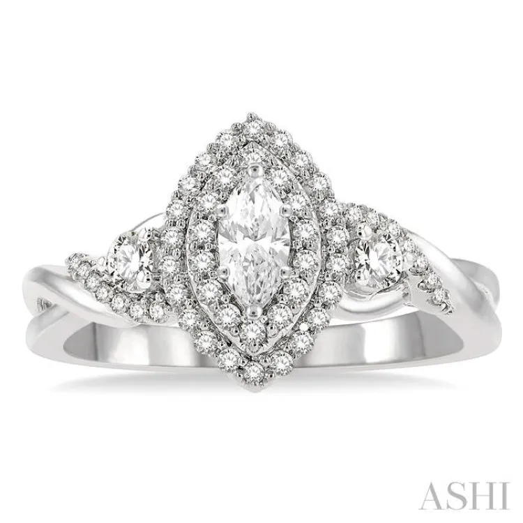 5/8 ctw Split Twisted Shank Round Cut Diamond Engagement Ring With 1/4 ctw Marquise Cut Center Stone in 14K White Gold