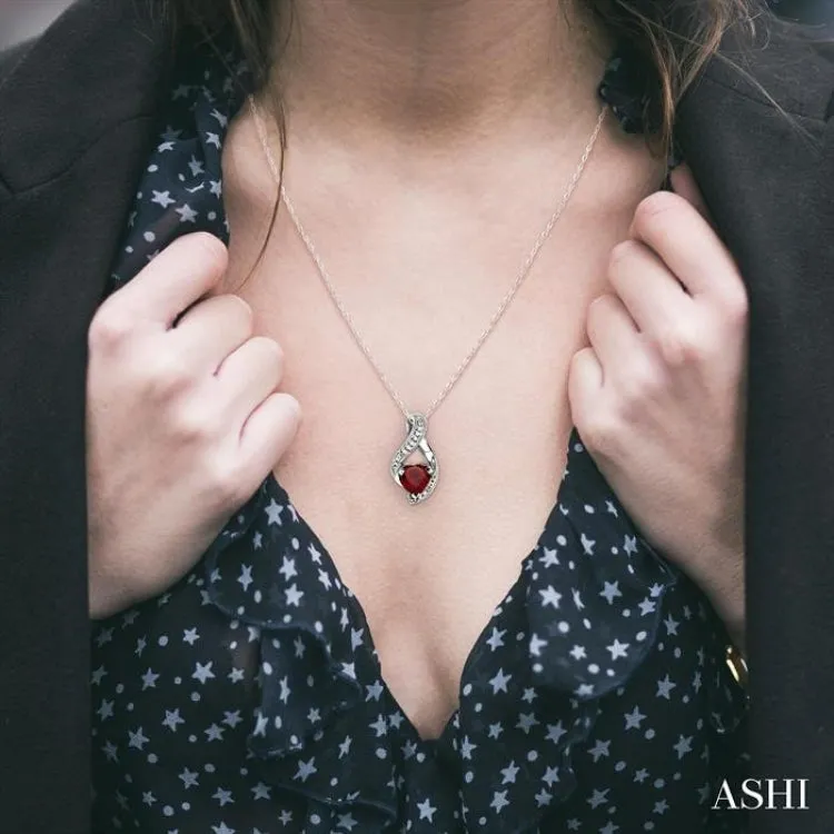 7x7mm Heart Shape Garnet and 1/20 Ctw Single Cut Diamond Pendant in 10K White Gold with Chain