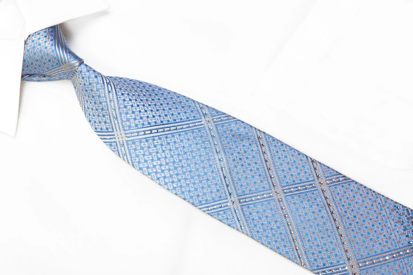 Arpeggio Men's Rhinestone Silk Necktie Stripes & Geometric On Blue With Sparkles