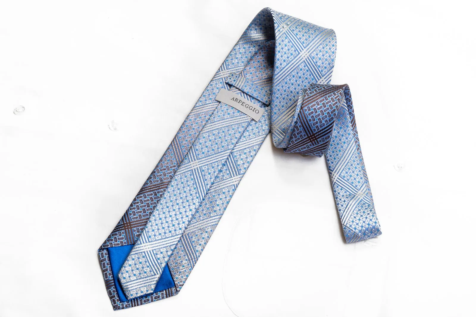 Arpeggio Men's Rhinestone Silk Necktie Stripes & Geometric On Blue With Sparkles