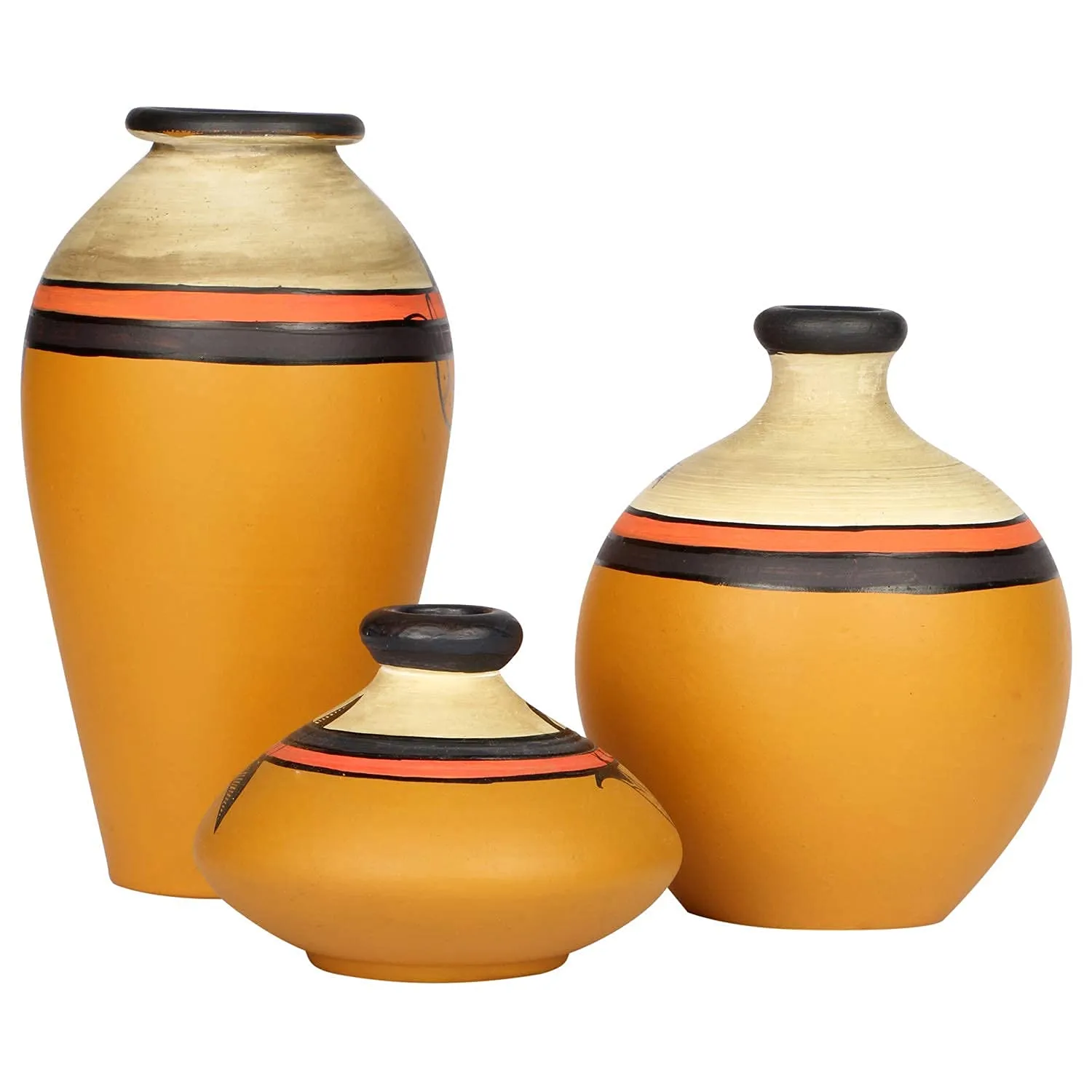 Artysta ‘Madhubani Jungle’ Yellow Handpainted Terracotta Flower Vase, Terracotta Decorative for Home Decor Earthen Flower Vases Pots for Home & Office (Set of 3)