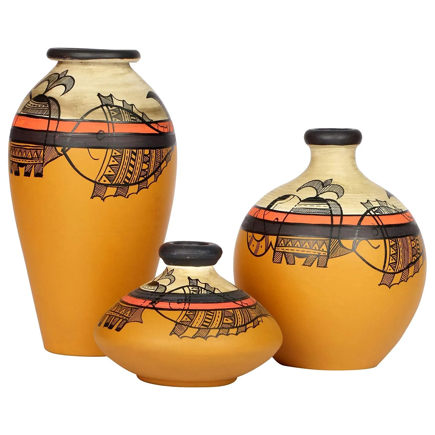 Artysta ‘Madhubani Jungle’ Yellow Handpainted Terracotta Flower Vase, Terracotta Decorative for Home Decor Earthen Flower Vases Pots for Home & Office (Set of 3)