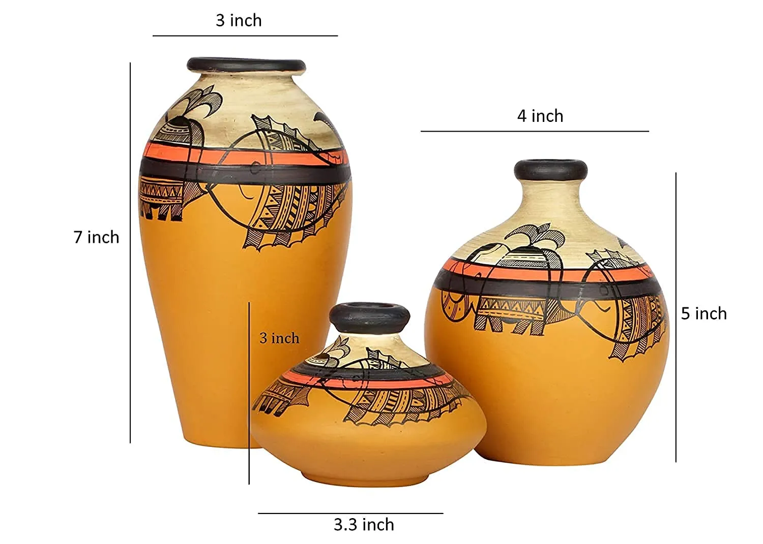 Artysta ‘Madhubani Jungle’ Yellow Handpainted Terracotta Flower Vase, Terracotta Decorative for Home Decor Earthen Flower Vases Pots for Home & Office (Set of 3)