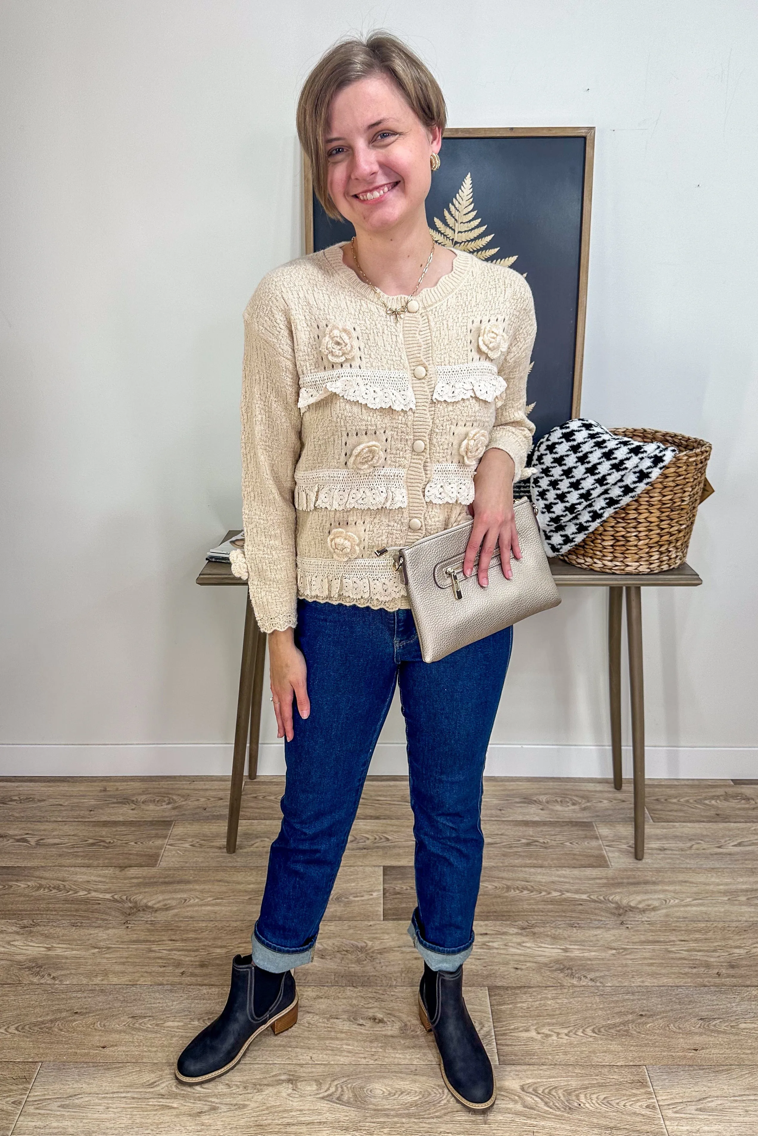 Beige Floral & Lace Button Down Cardigan