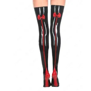 Black Latex Thigh High Stockings With Red Bow And Seam