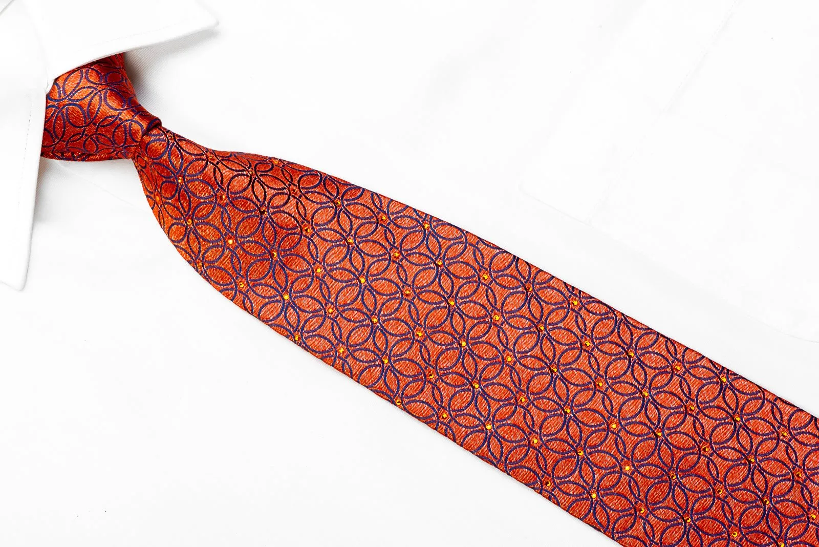 Blue Interlocking Circles On Orange Crystal Rhinestone Silk Tie