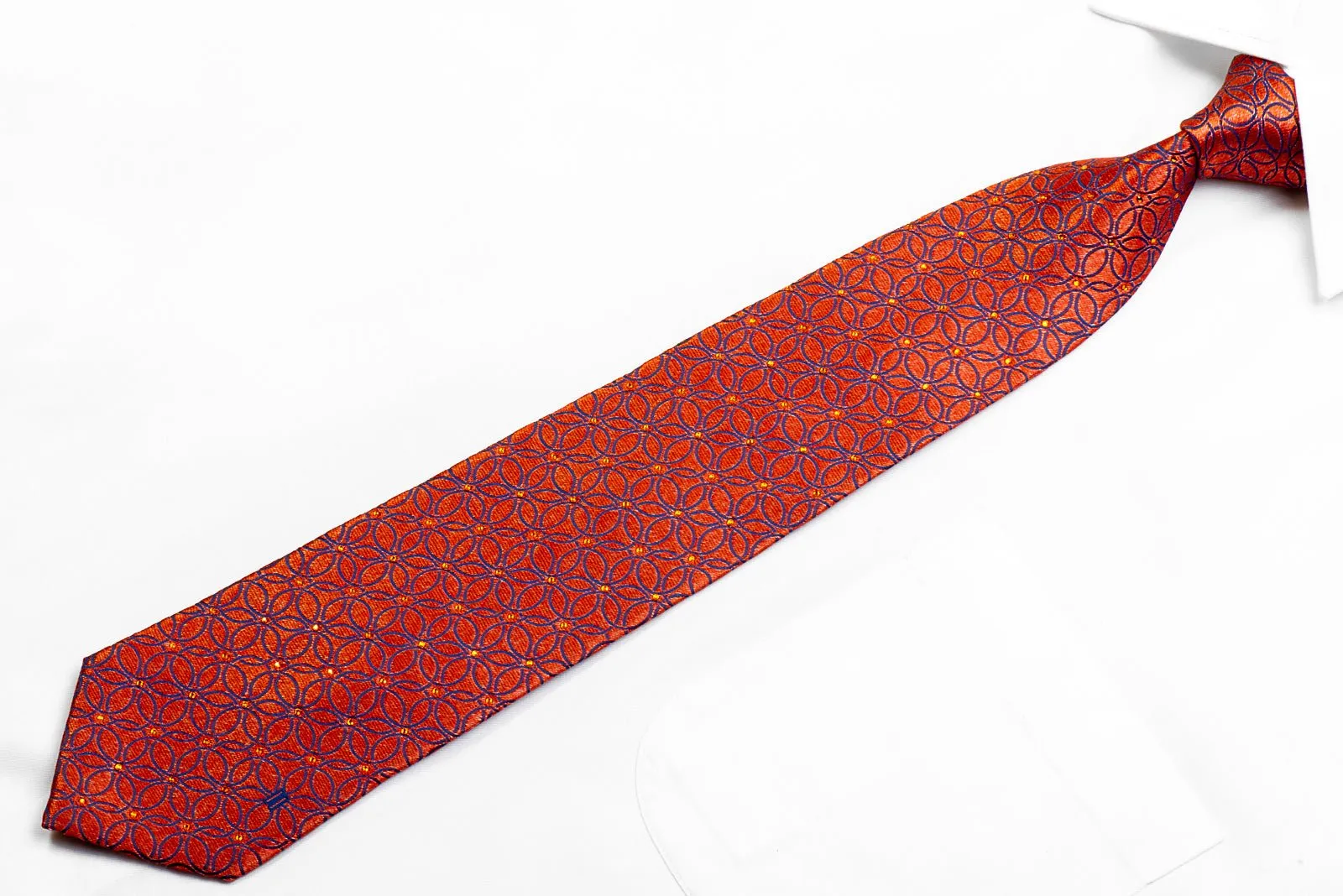 Blue Interlocking Circles On Orange Crystal Rhinestone Silk Tie