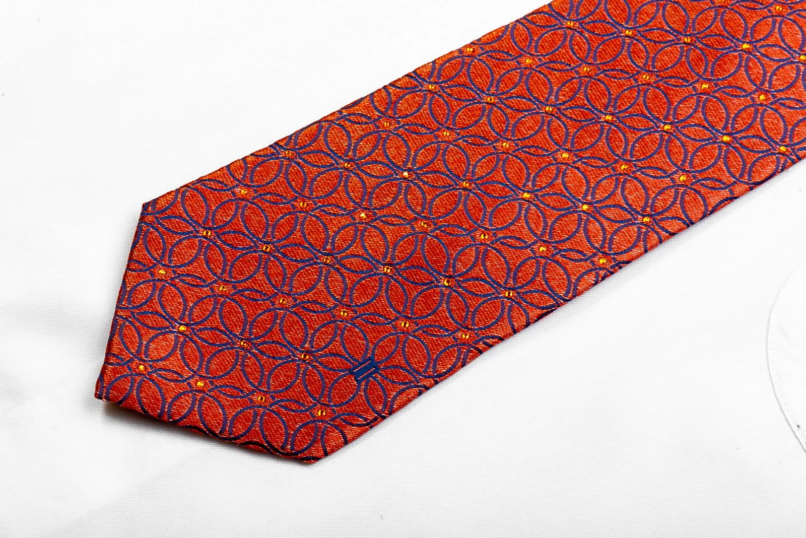 Blue Interlocking Circles On Orange Crystal Rhinestone Silk Tie