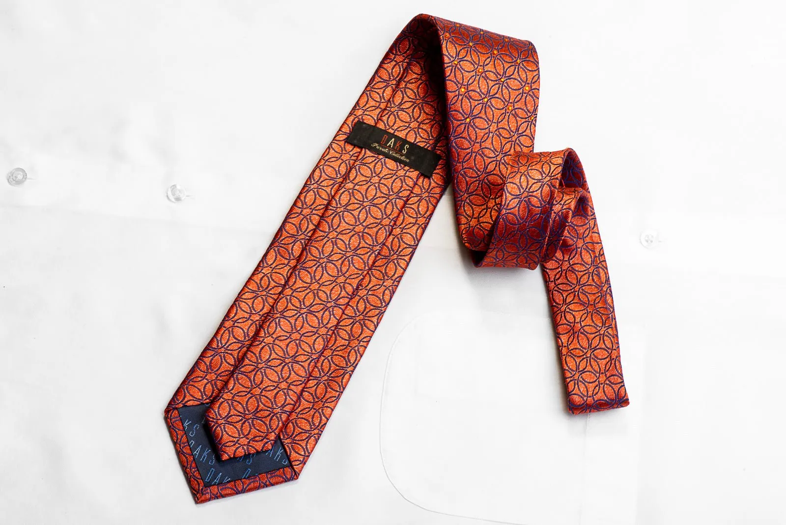 Blue Interlocking Circles On Orange Crystal Rhinestone Silk Tie