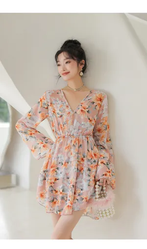 Boho Floral Print Ruffle Dress