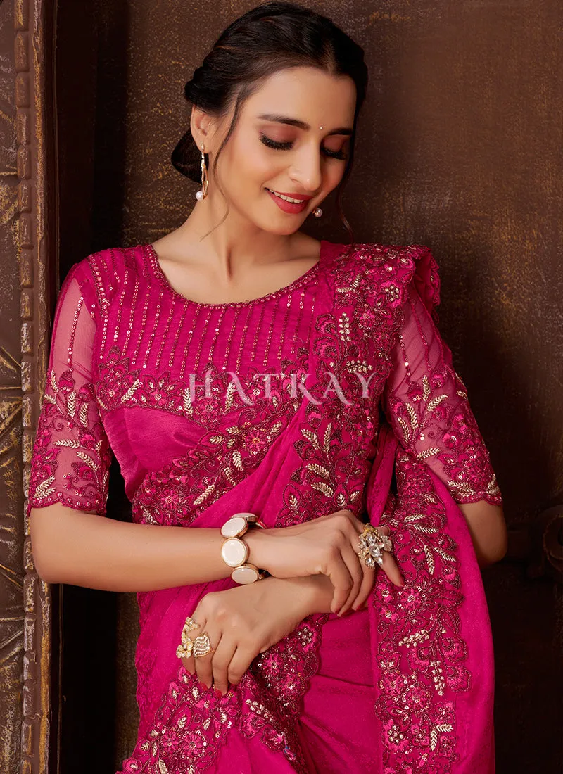 Bright Pink Embroidered Wedding Wear Indian Saree