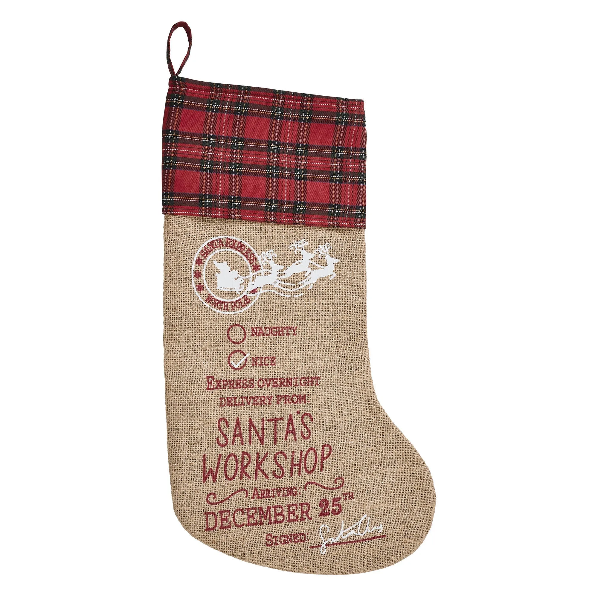 Burlap Natural Plaid Santa's Workshop Stocking