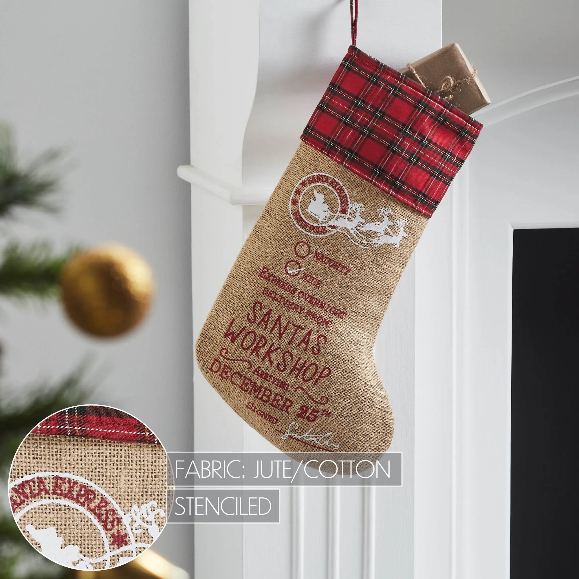 Burlap Natural Plaid Santa's Workshop Stocking