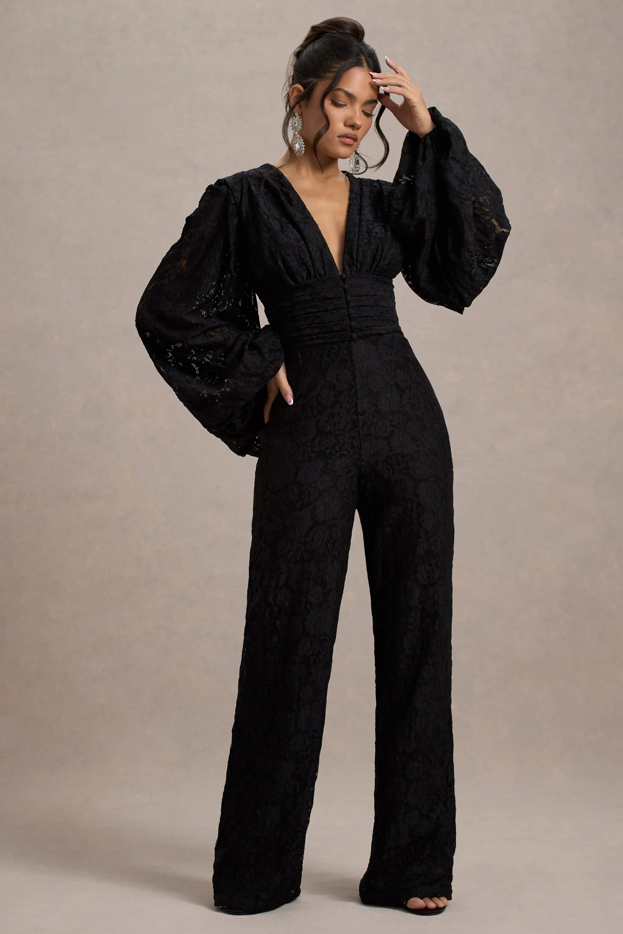 Calamina | Black Lace Plunge-Neck Wide-Leg Jumpsuit