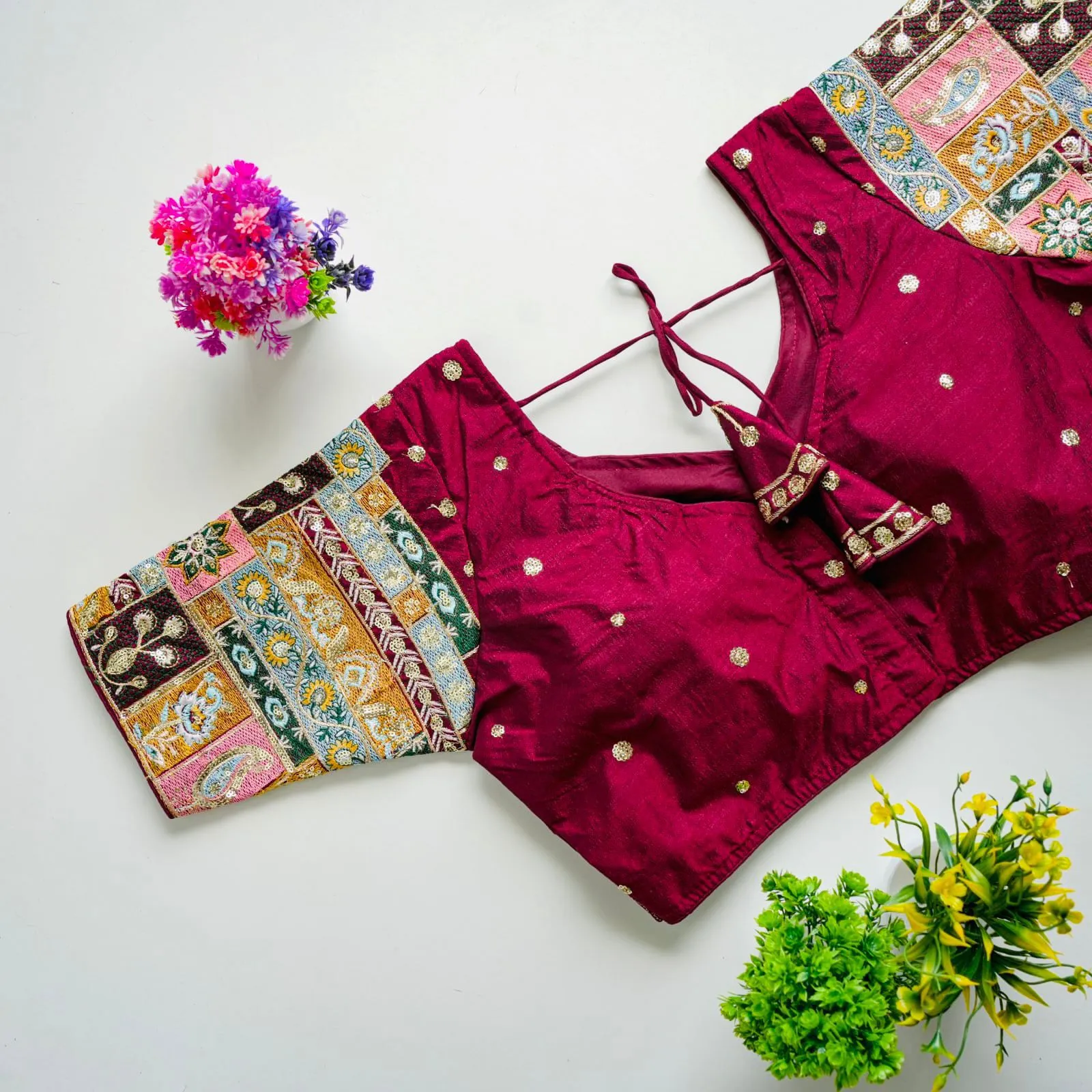 Dark Pink Golden Embroidered Seoul Silk Blouse with Sequins