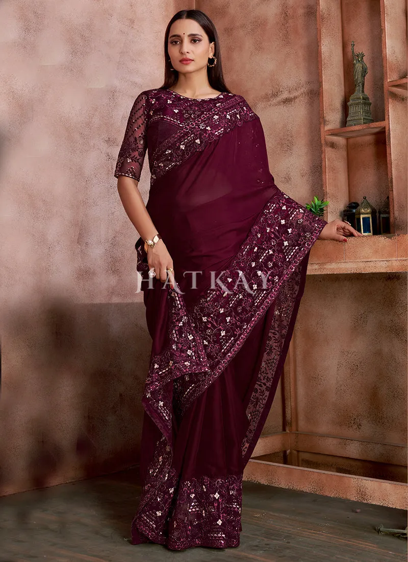 Deep Wine Embroidered Wedding Wear Indian Saree