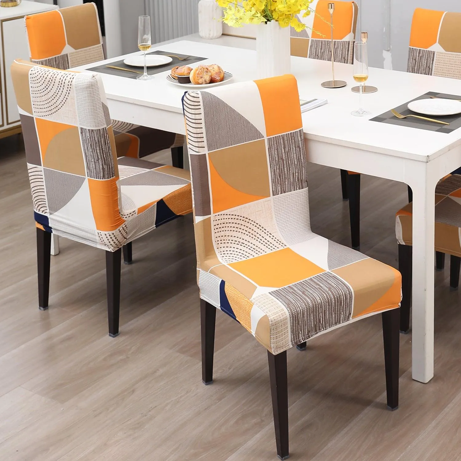 Elastic Stretchable Dining Chair Cover, Square Abstract