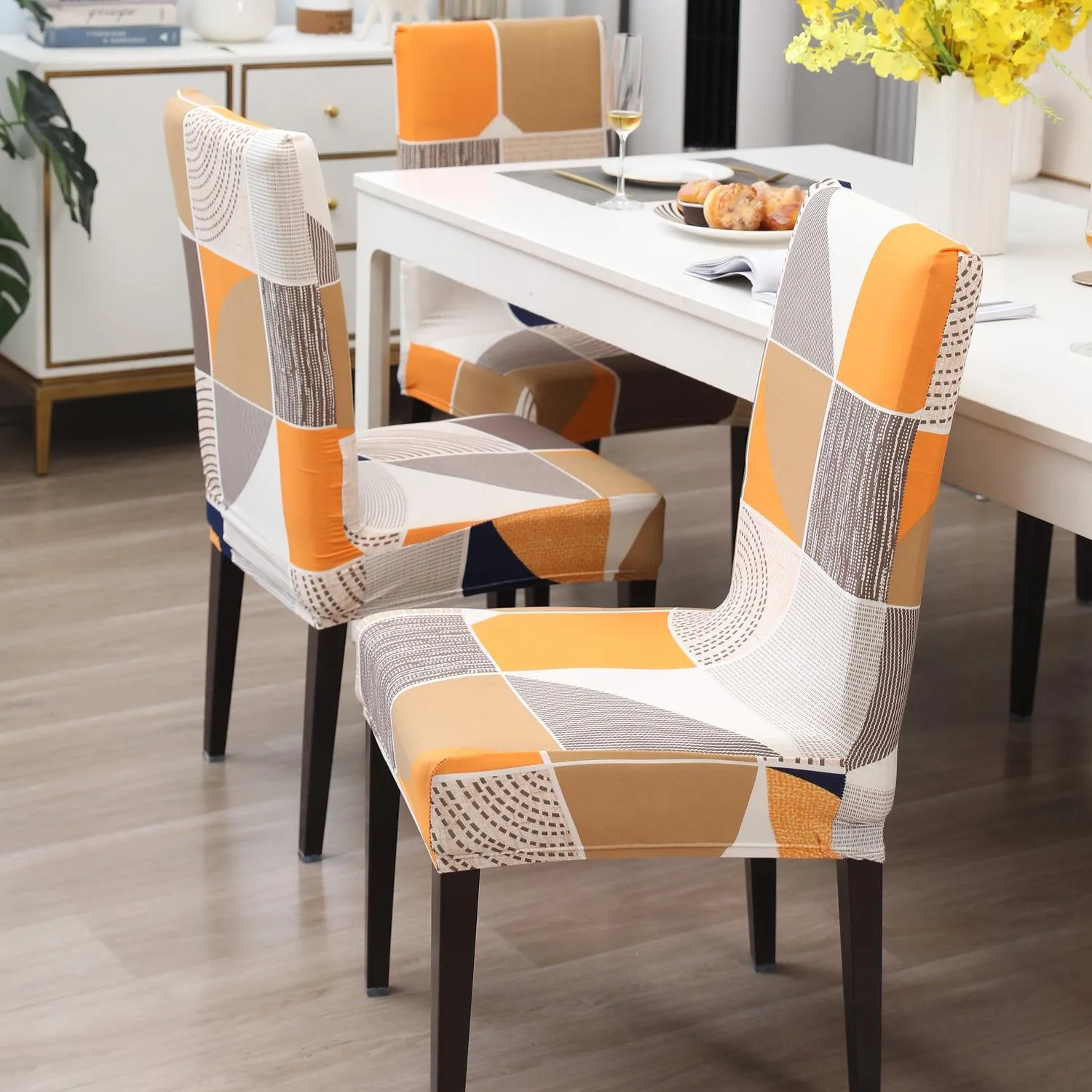 Elastic Stretchable Dining Chair Cover, Square Abstract