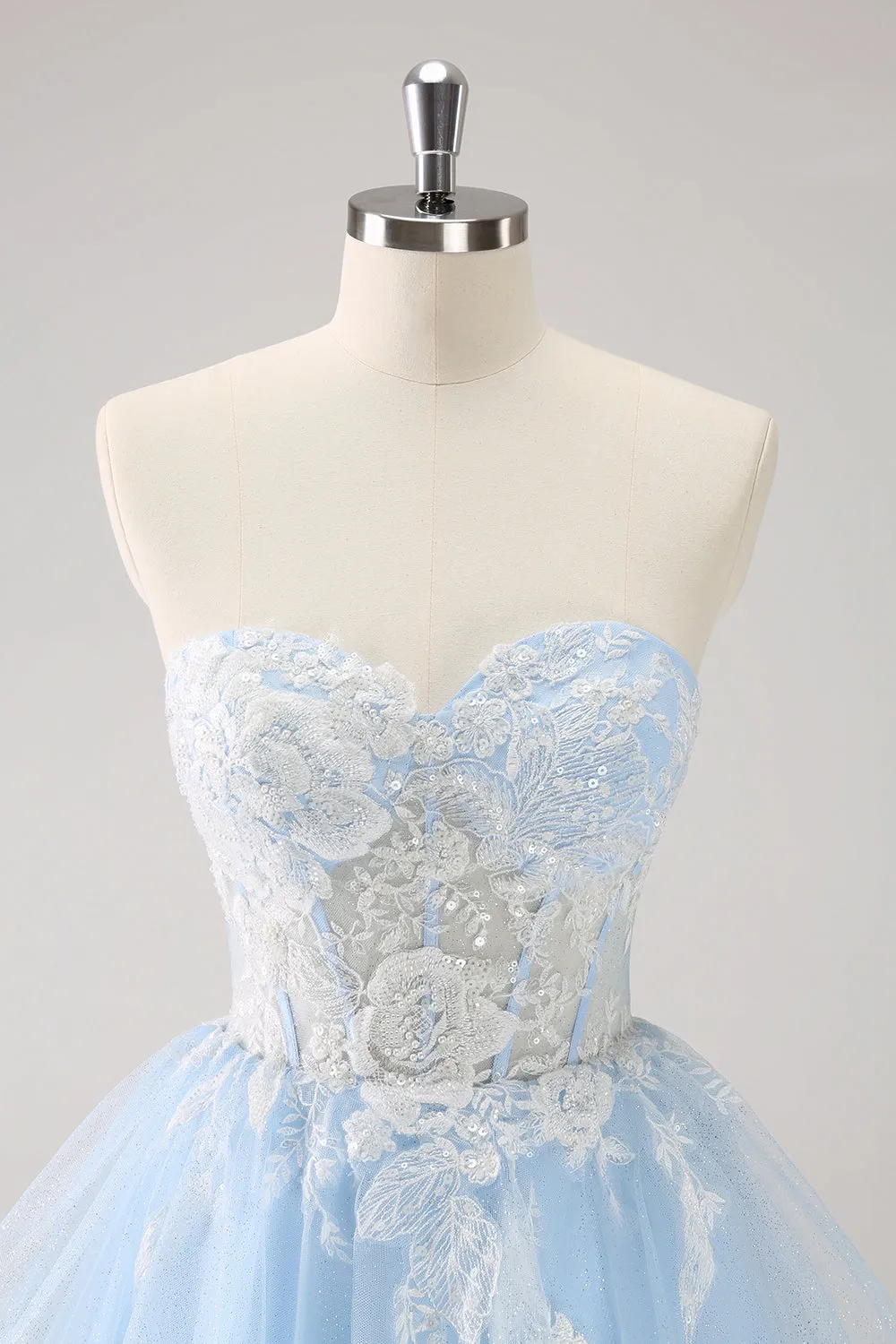 Elegant Blue Sequined A Line Corset Floral Appliques Mini Dress