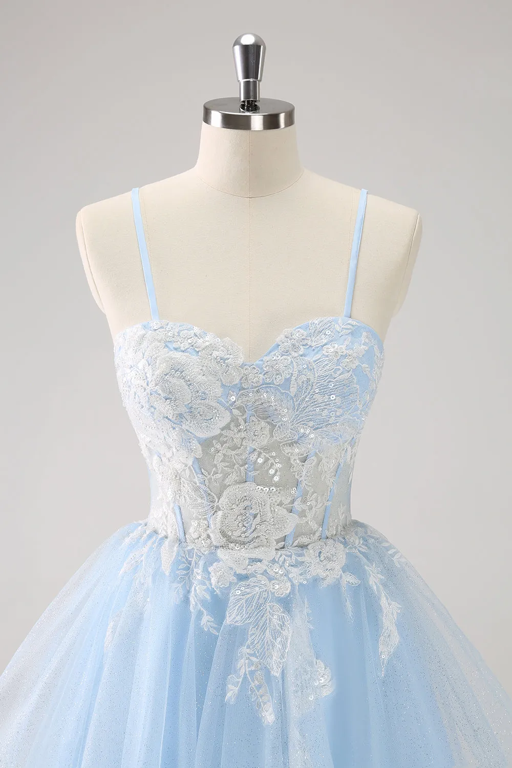 Elegant Blue Sequined A Line Corset Floral Appliques Mini Dress