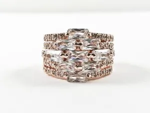 Elegant Multi Row & Level CZ Design Rose Gold Brass Ring