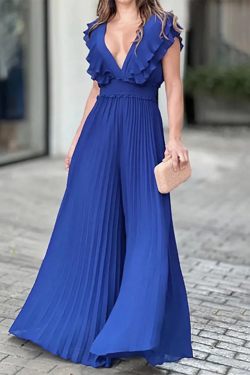 Elegant Solid Flounce Fold V Neck Jumpsuits