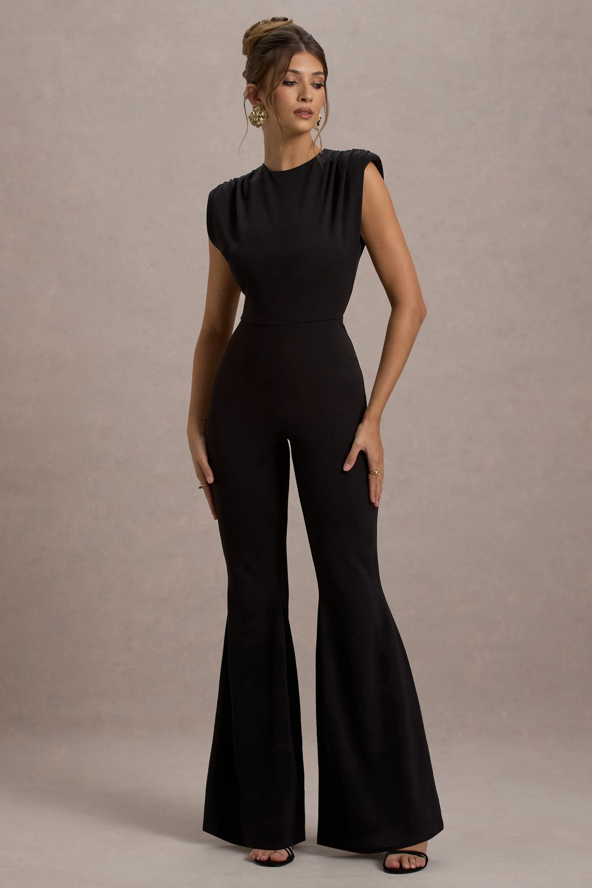 Elyna | Black High-Neck Draped Flared-Leg Jumpsuit