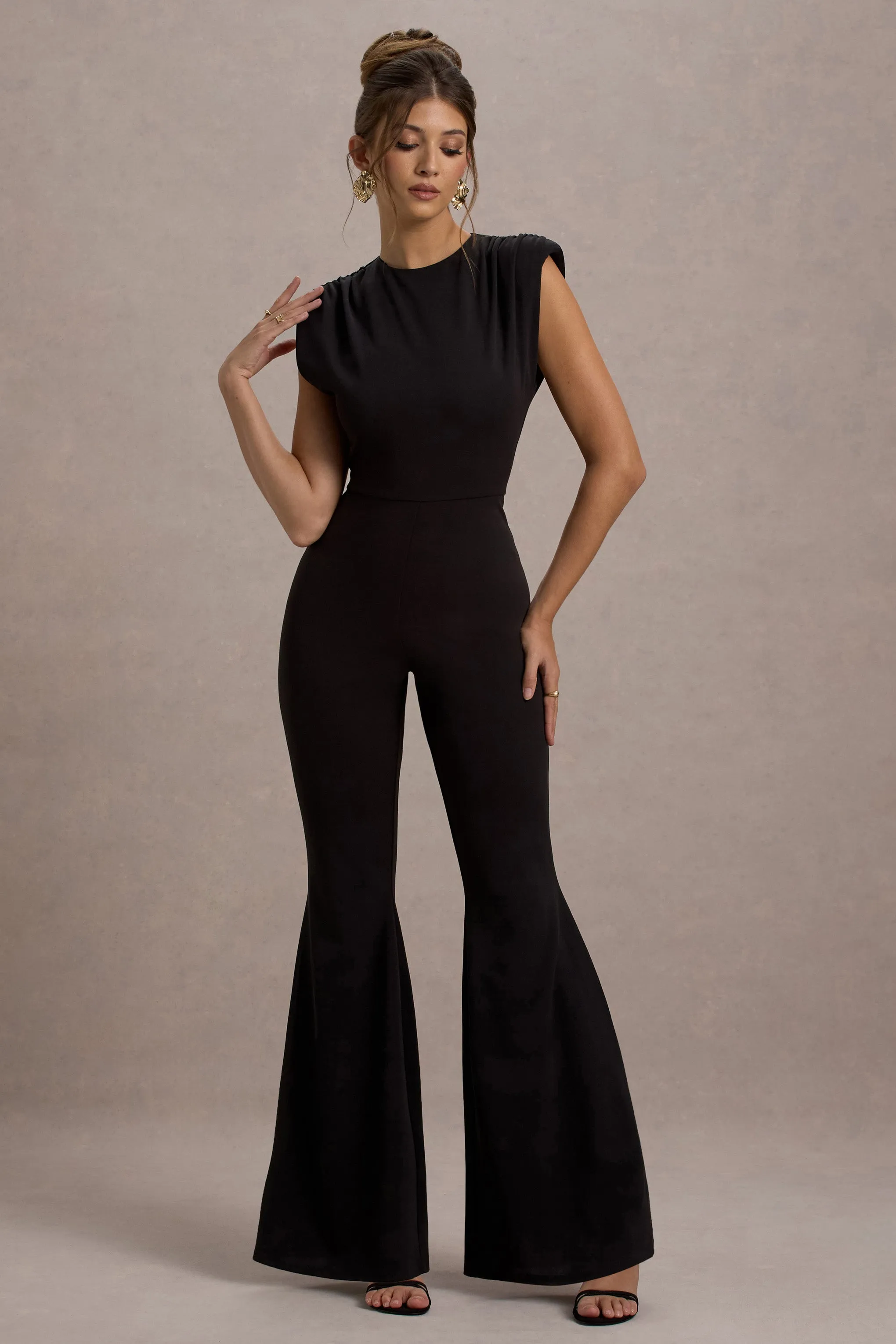 Elyna | Black High-Neck Draped Flared-Leg Jumpsuit