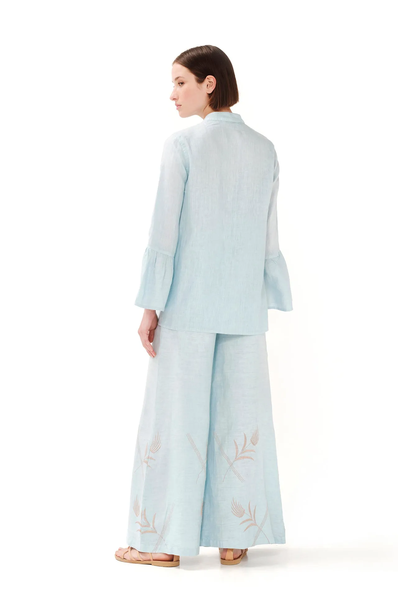 Embroidered Wide Leg Linen Pants Light Blue