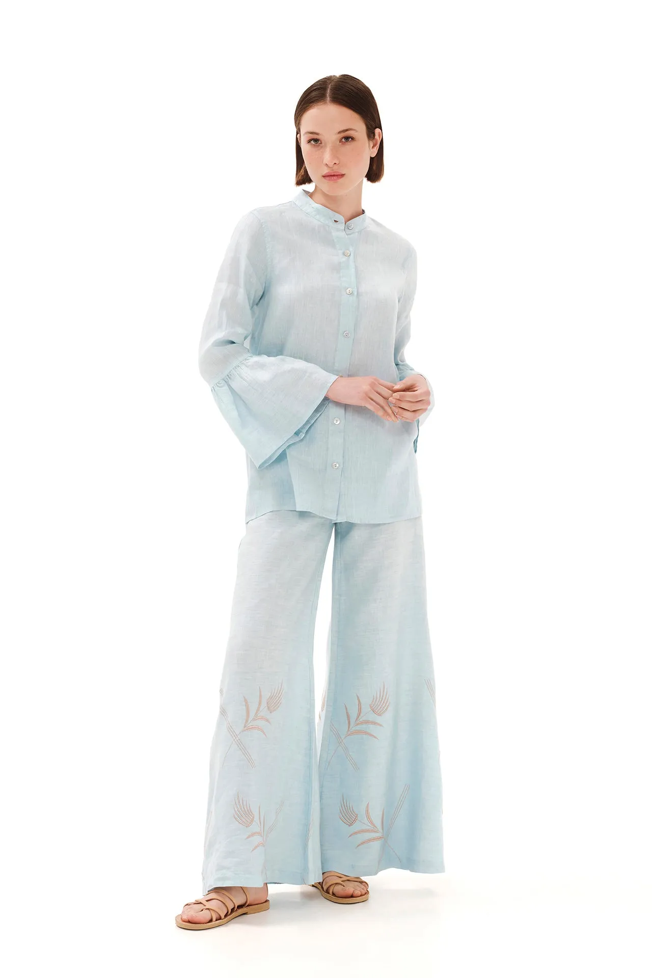 Embroidered Wide Leg Linen Pants Light Blue