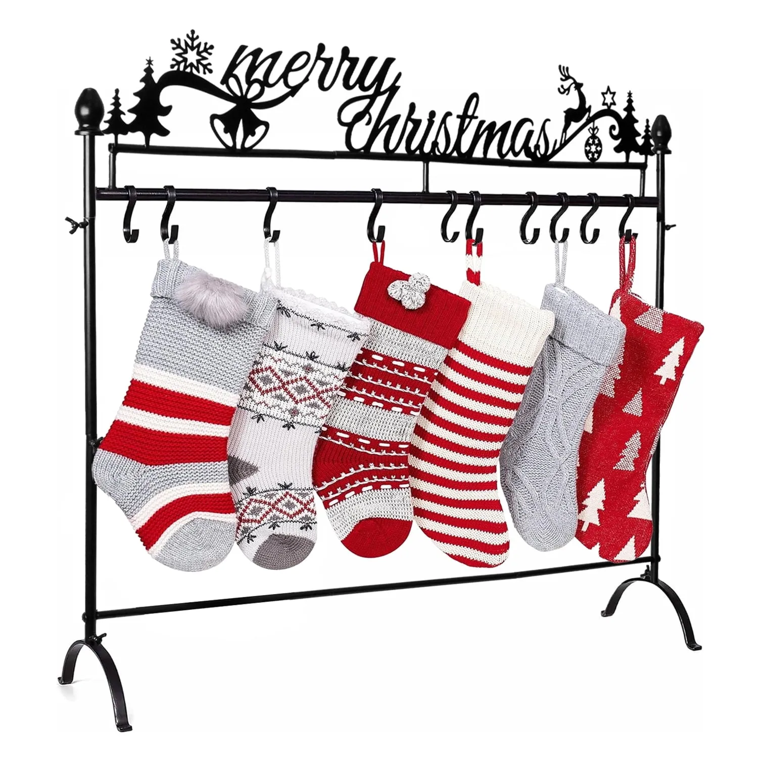 everyday 10 Hooks Christmas Stocking Holder Stand for Floor, Holiday Decor Hanger Detachable Iron Metal Freestanding Rack with Sturdy Base - 35.5"x31.5"x11"