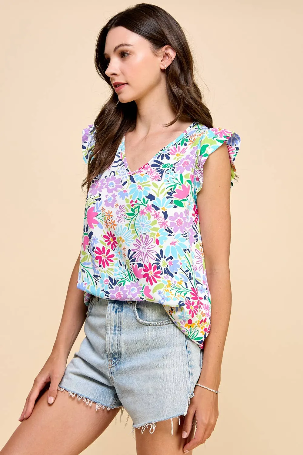 Floral Printed Top V Neck with Ruffled Sleeves