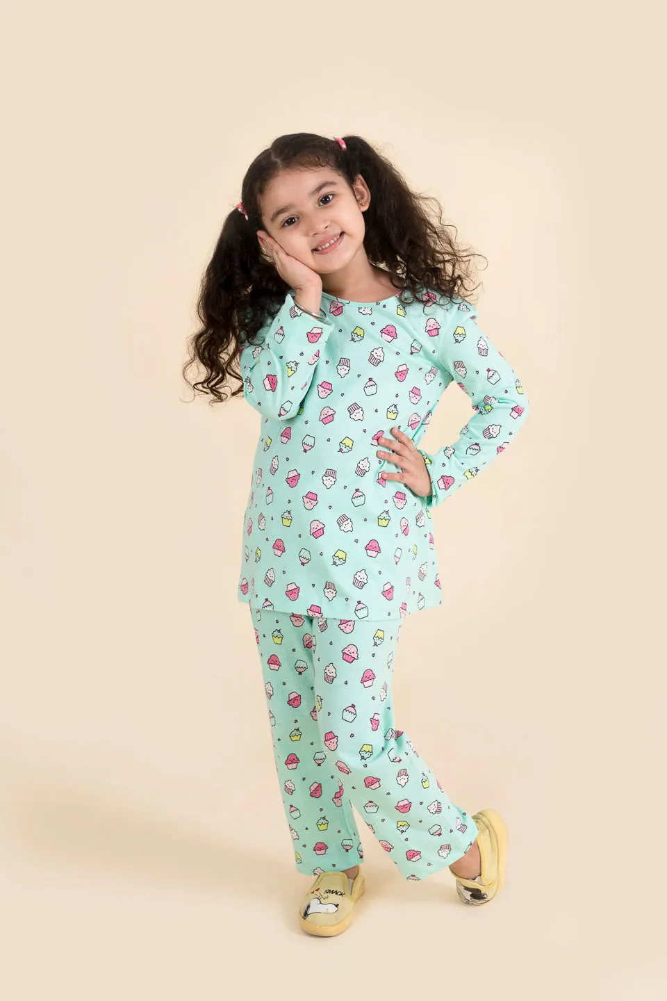 Girls Yellow Sea Green Pure Cotton 3-Piece Night Suit - Ps Peaches