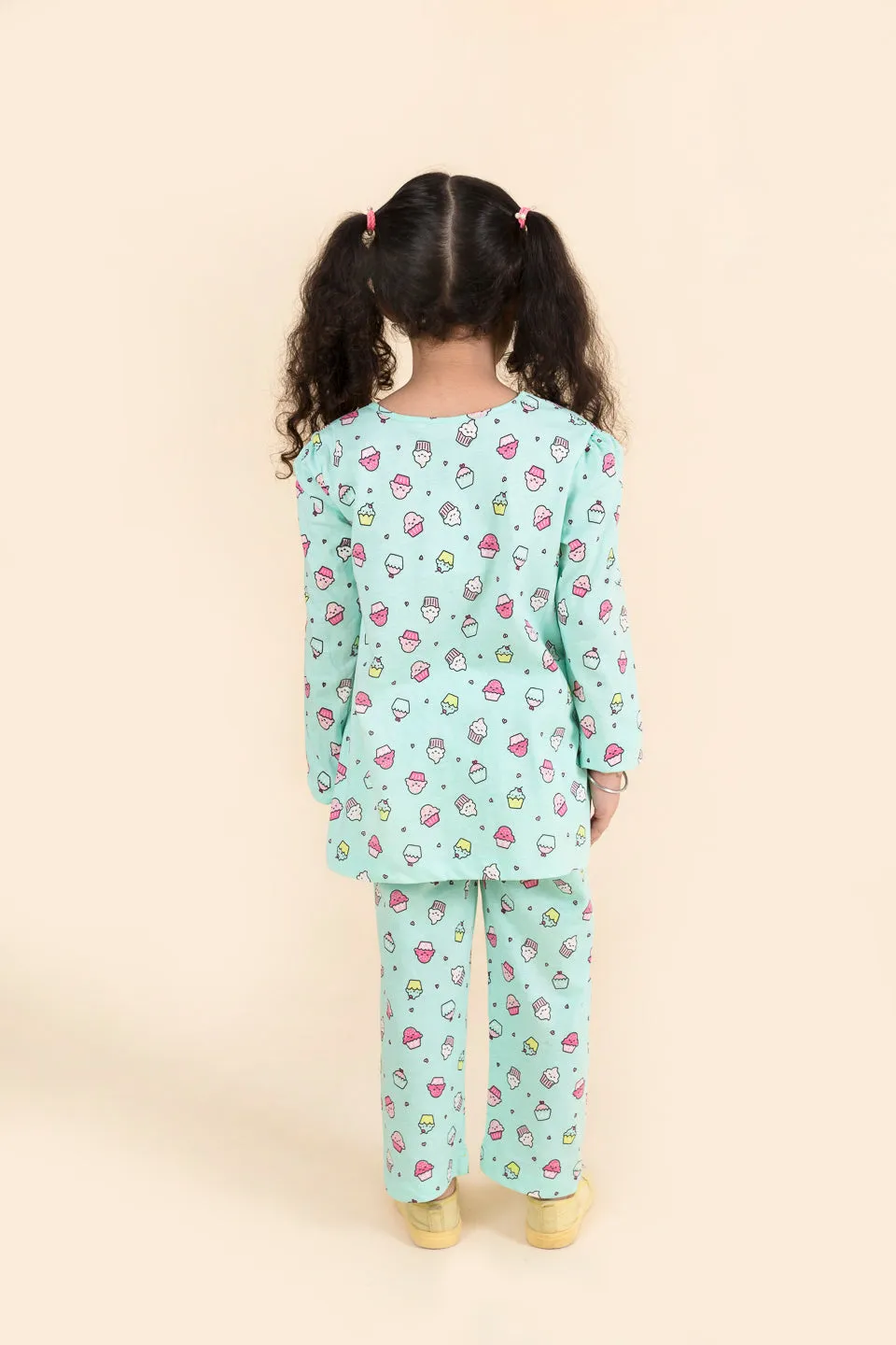 Girls Yellow Sea Green Pure Cotton 3-Piece Night Suit - Ps Peaches