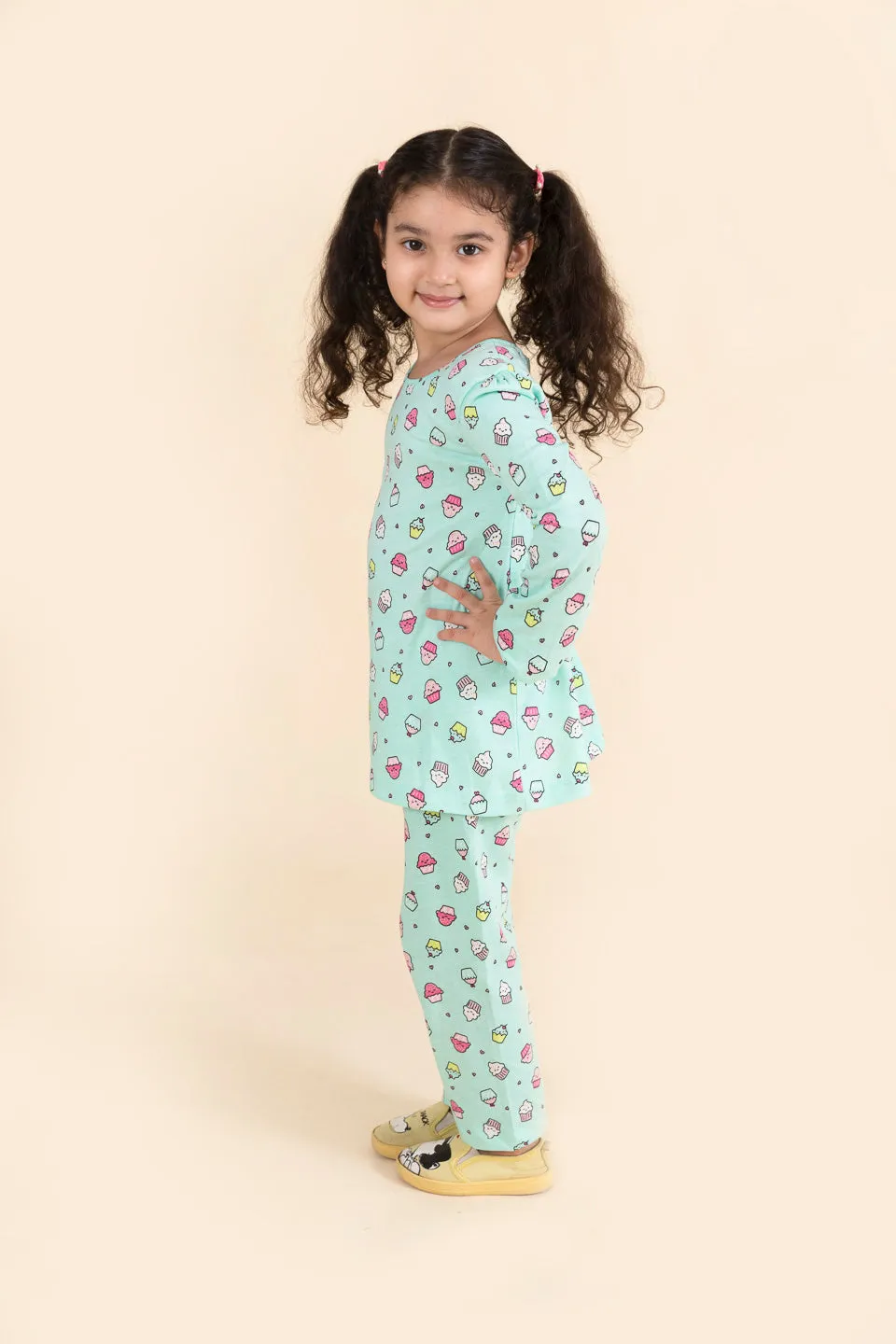 Girls Yellow Sea Green Pure Cotton 3-Piece Night Suit - Ps Peaches