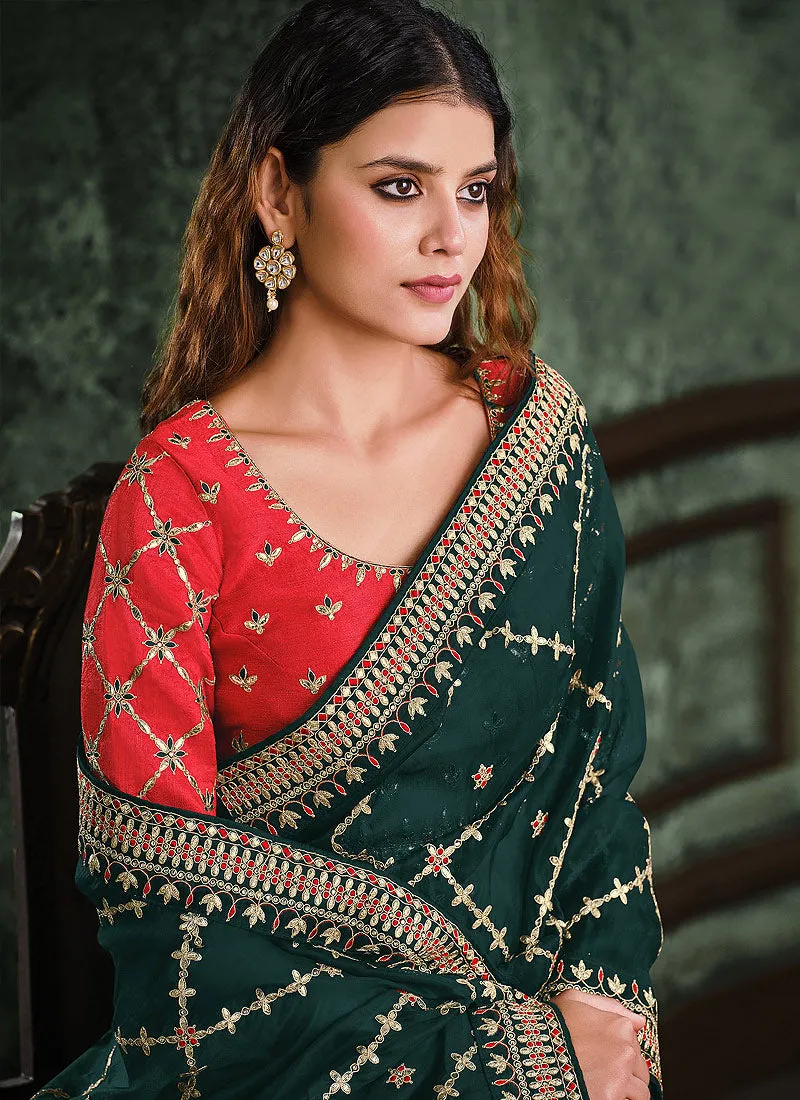 Green And Red Multi Embroidered Designer Saree