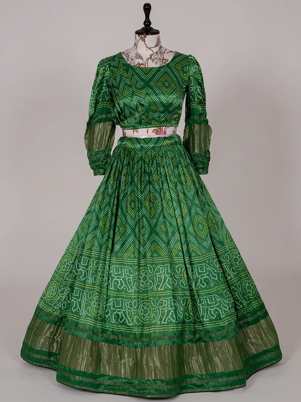 Green Color Digital Bandhani Printed Pure Gaji Silk Lehenga