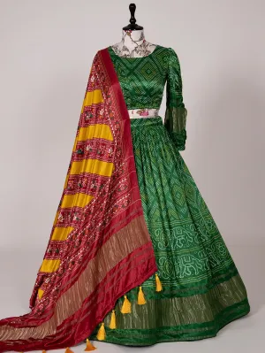 Green Color Digital Bandhani Printed Pure Gaji Silk Lehenga