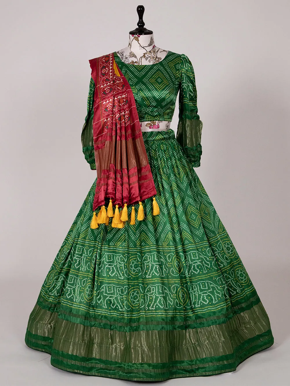 Green Color Digital Bandhani Printed Pure Gaji Silk Lehenga