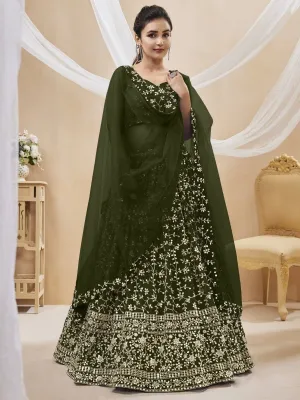 Green Embroidered Georgette Mehendi Wear Lehenga Choli