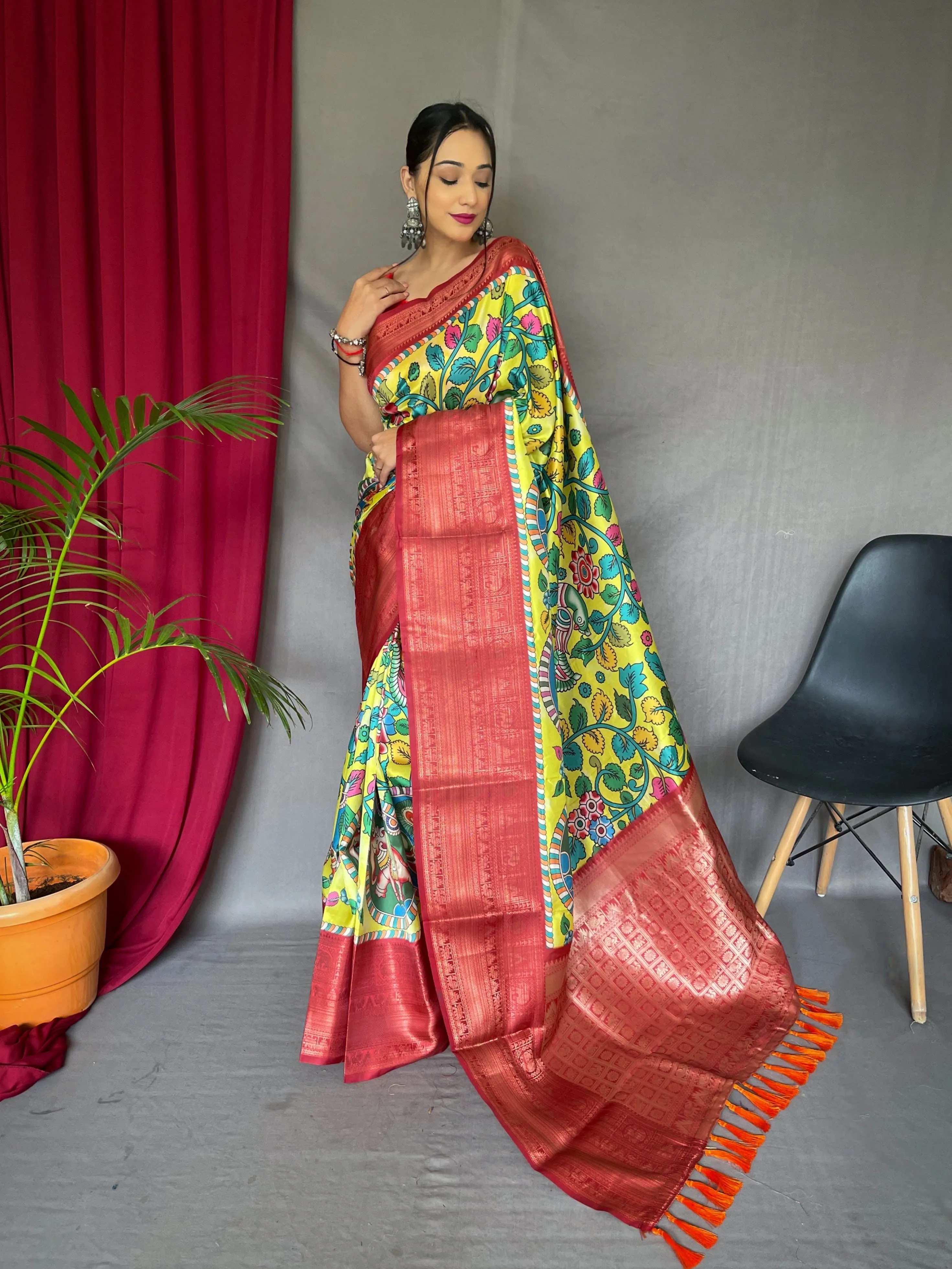 Greenish Yellow with Red Saree in Kalamkari Print