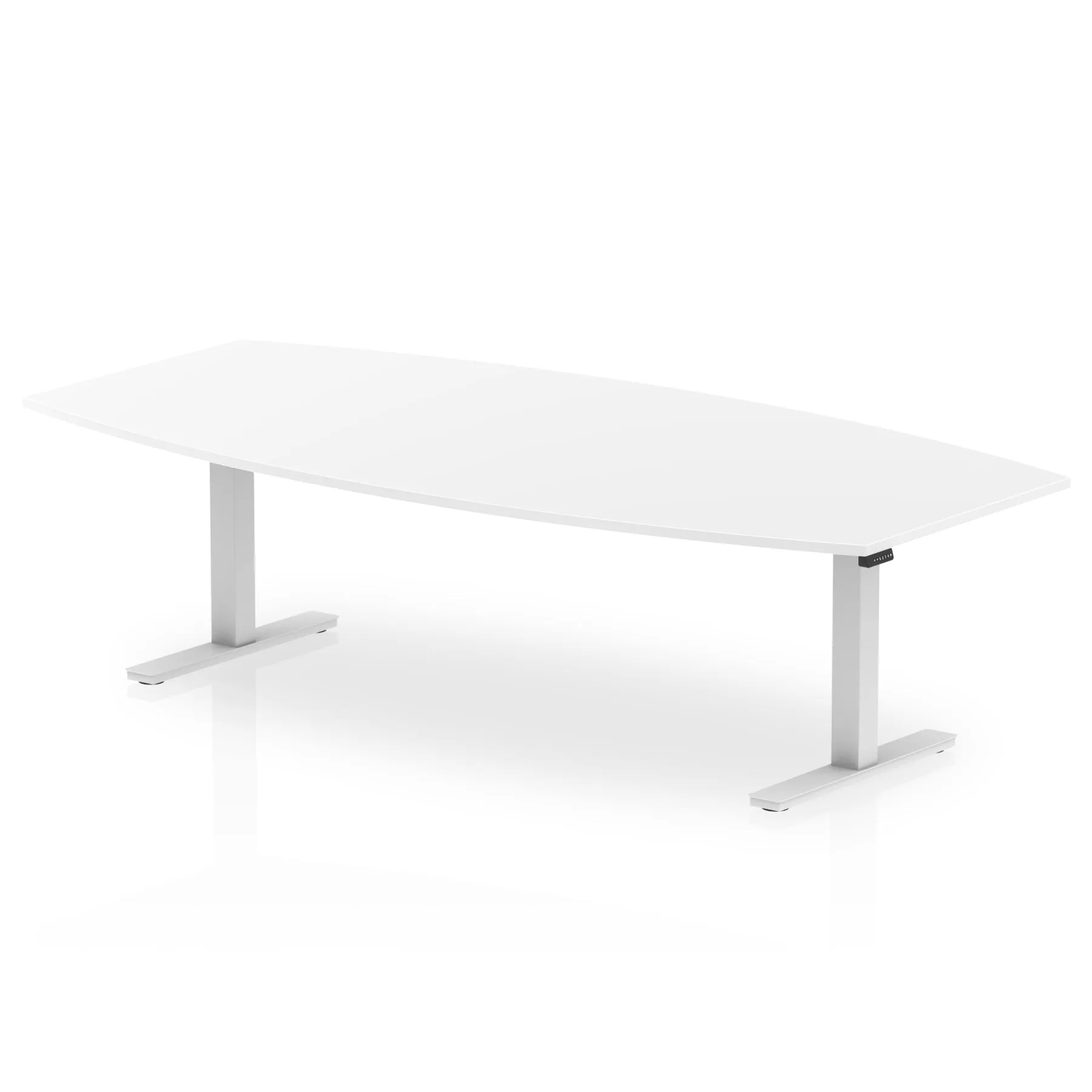 Hi-Gloss Height Adjustable Boardroom Table - High Gloss Writable Surface, 1800x1200 or 2400x1200, Barrel Shape, Silver/White Frame