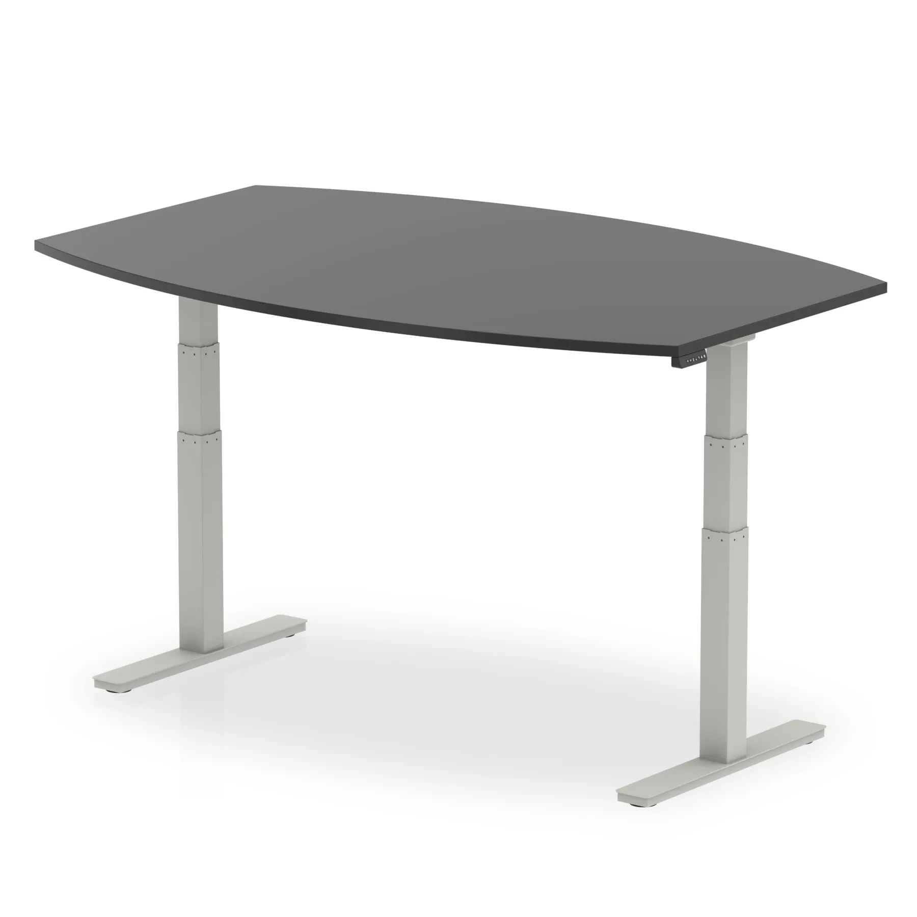 Hi-Gloss Height Adjustable Boardroom Table - High Gloss Writable Surface, 1800x1200 or 2400x1200, Barrel Shape, Silver/White Frame