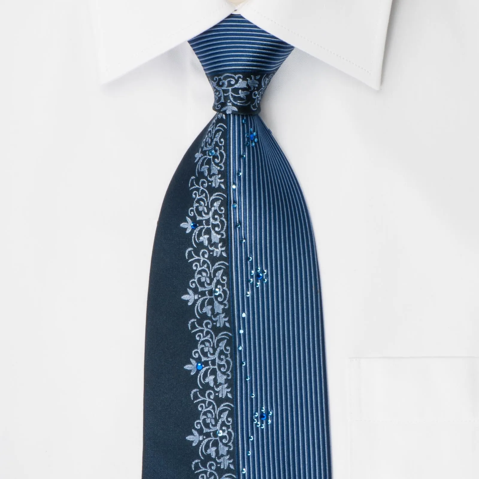 Indian Homme Crystal Rhinestone Tie Stripes & Vines On Blue