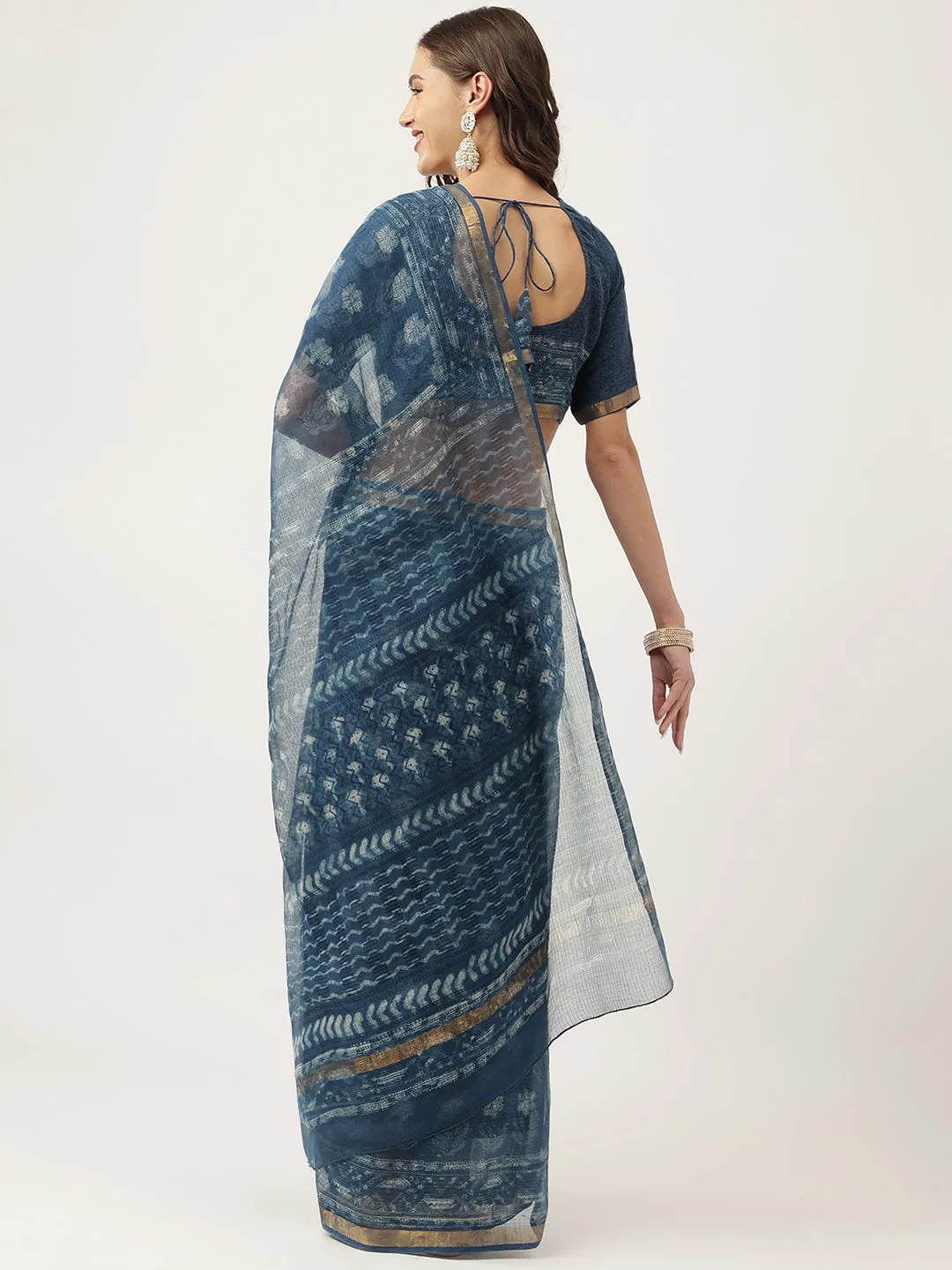 Jashvi Indigo Blue HandBlock Kota Doria Saree