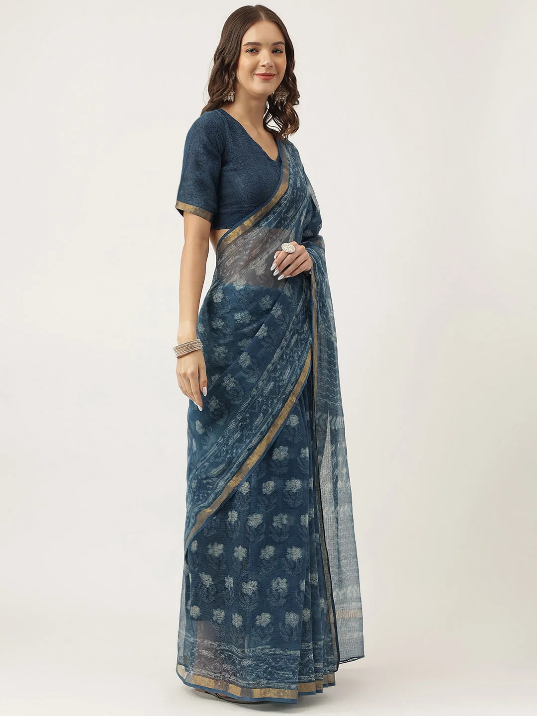 Jashvi Indigo Blue HandBlock Kota Doria Saree