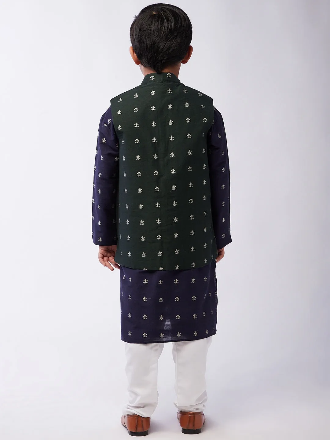 Kid's Cotton Blend Navy Blue Kurta & Dark Green Nehru Jacket With White Churidar Pyjama Set  - Sojanya KID