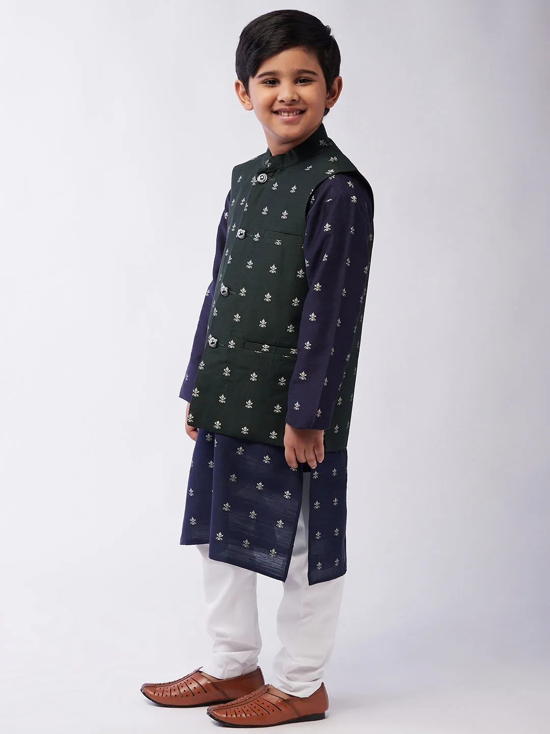 Kid's Cotton Blend Navy Blue Kurta & Dark Green Nehru Jacket With White Churidar Pyjama Set  - Sojanya KID